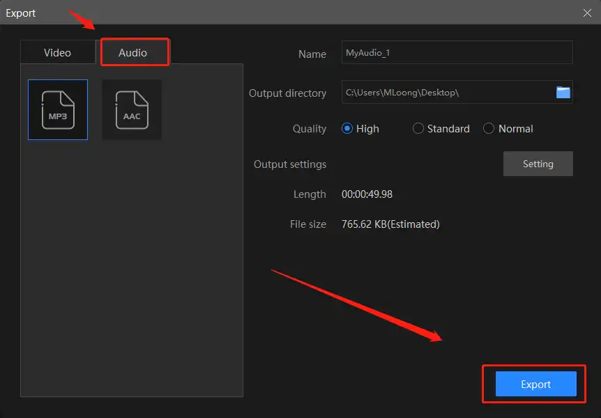 set parameters of converted audio