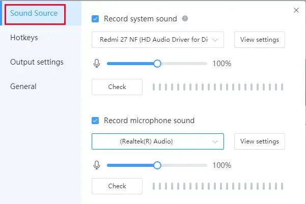 sound source settings in workintool