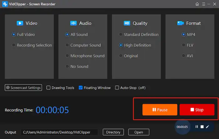 vidclipper pause and stop screen recording on dell laptop