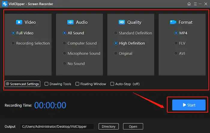 vidclipper screen recorder custom settings and start