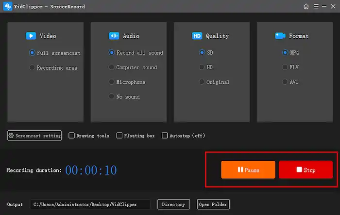 workintool vidclipper pause or stop recording