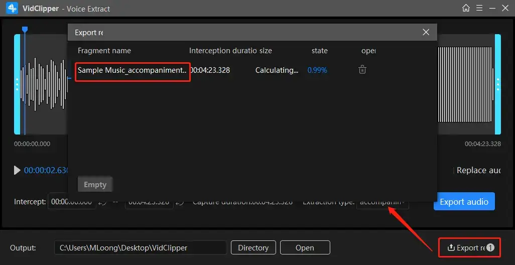 accompaniment extraction status in workintool vidclipper