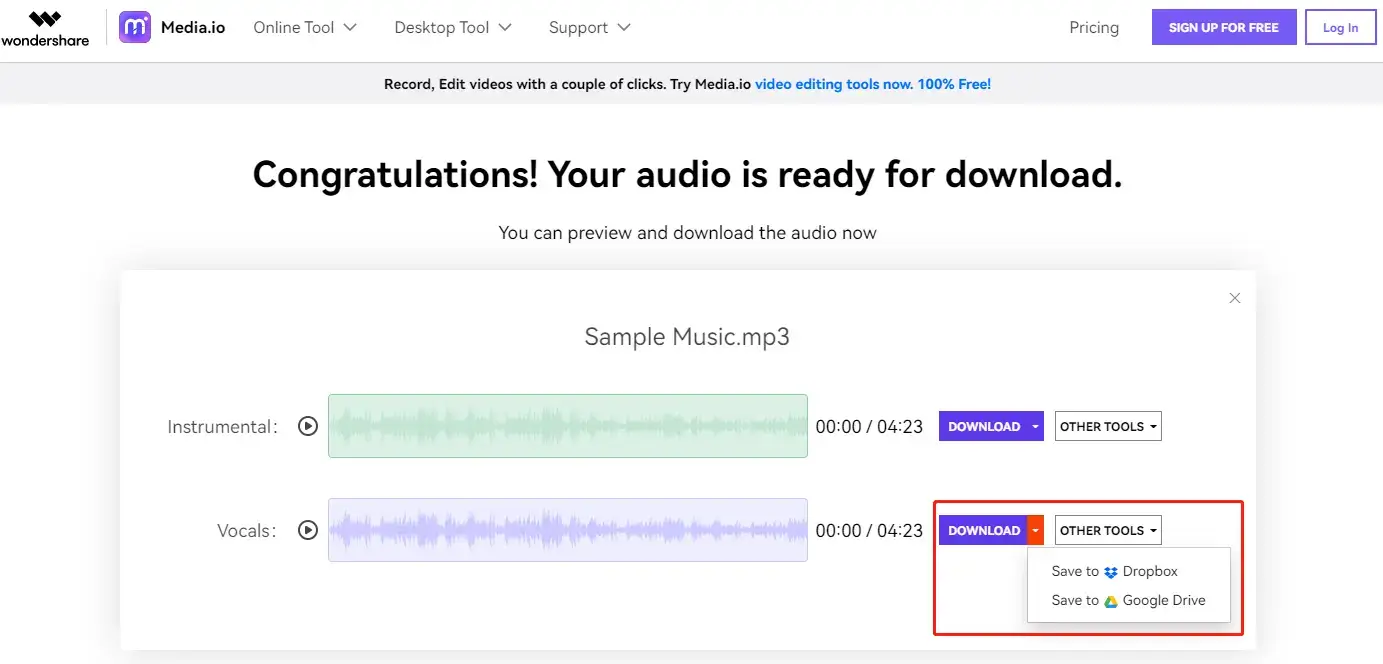 how to extract voice from audio in media io step 2