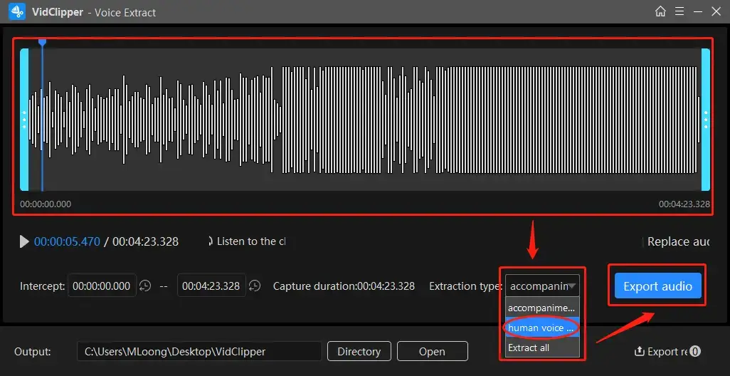 how to extract voice from audio in wokrintool vidclipper