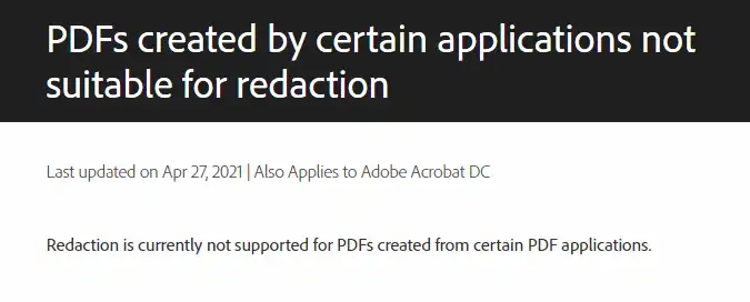 redaction not supported in adobe acrobat