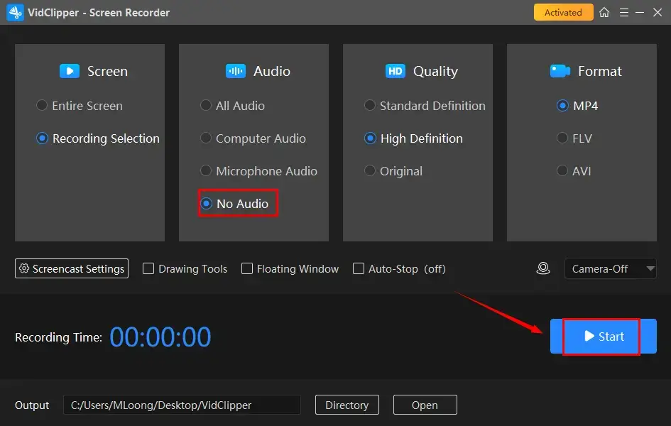 screen record without audio in workintool capture screen recorder