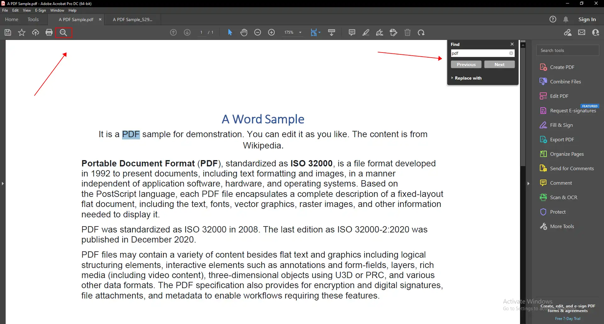 search in pdf for a word