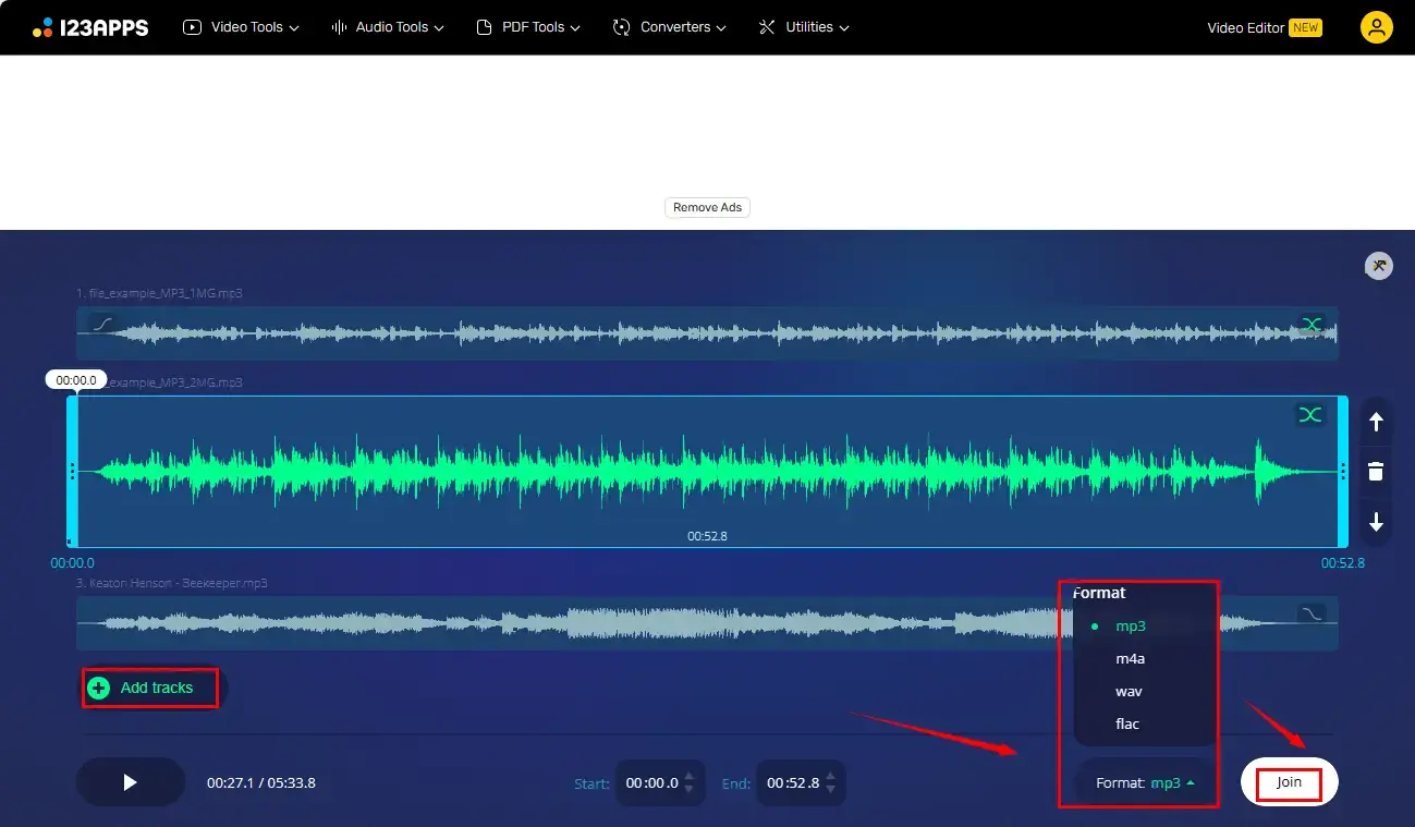 how to merge audio files online via 123 apps audio joiner