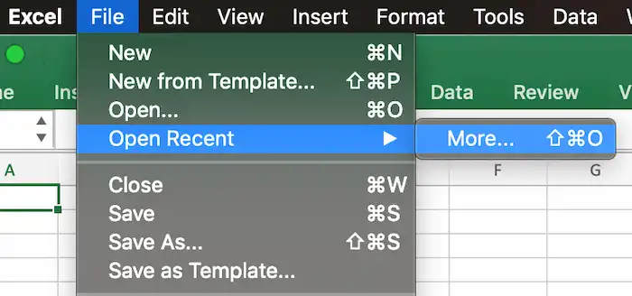 open recent excel on mac