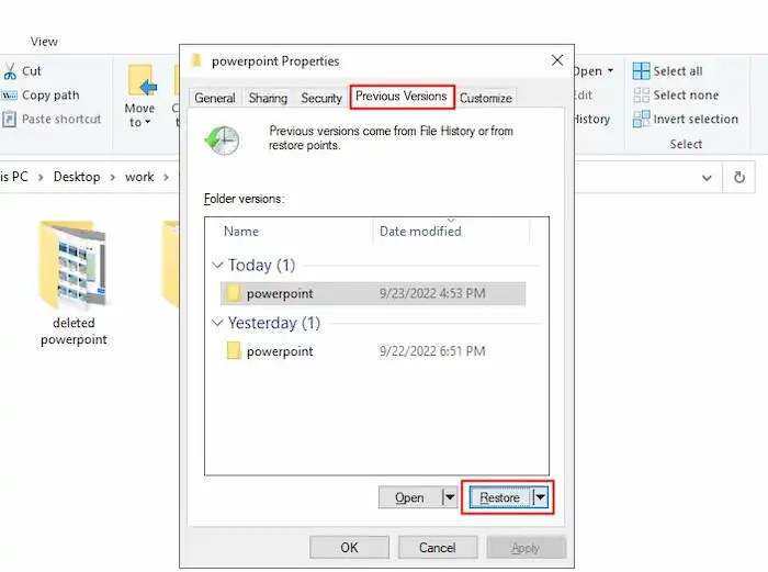 recover a deleted folder from previous versions