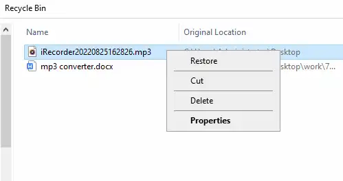 restore audio from recycle bin