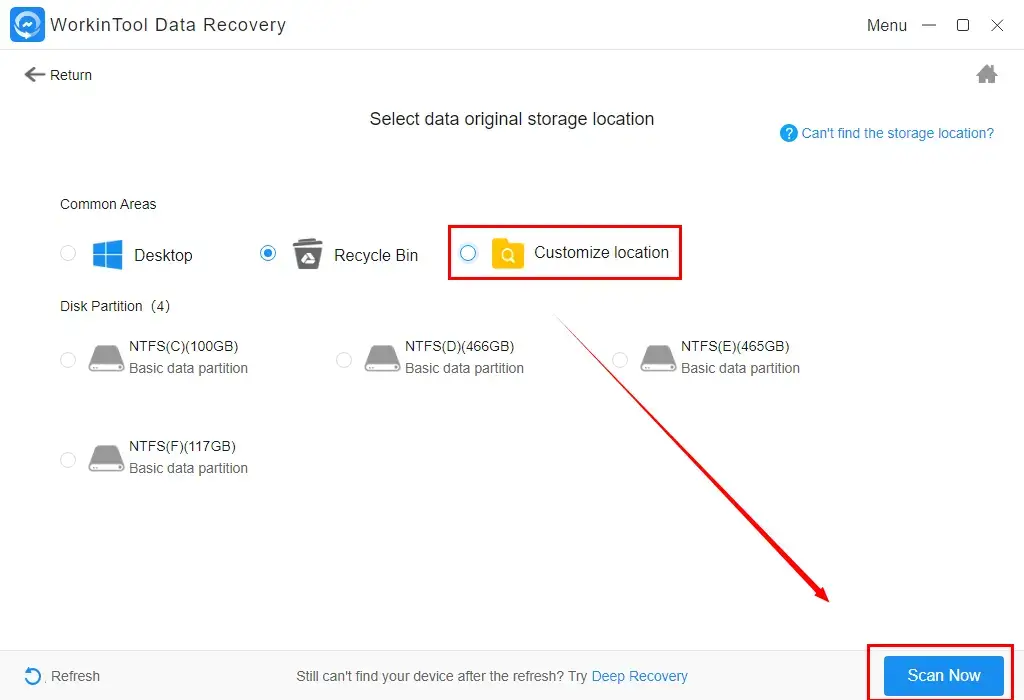 choose a location in workintool data recovery and click scan now