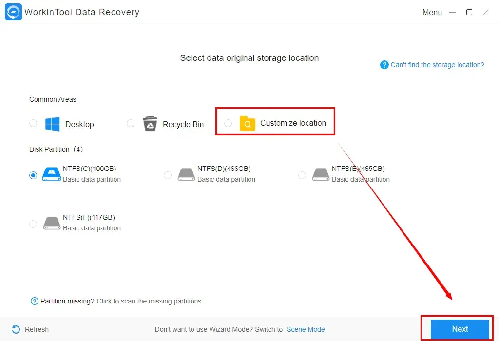 choose the location and move to the next step in workintool data recovery