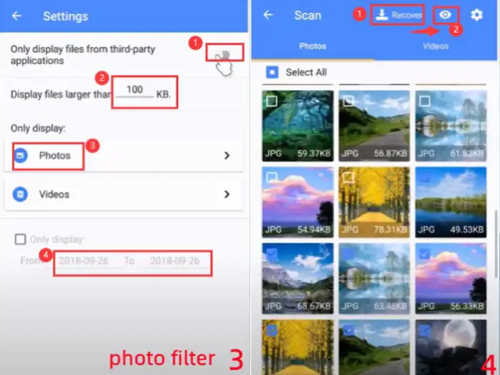 filter and recover deleted photos