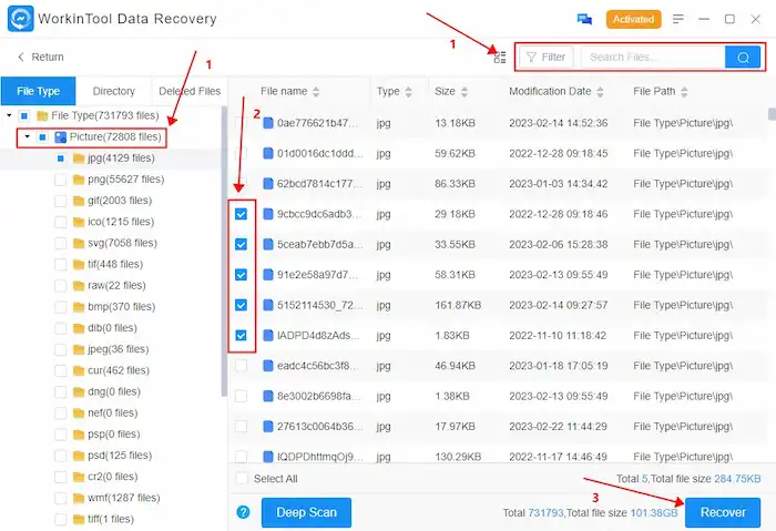 recover deleted pictures in workintool