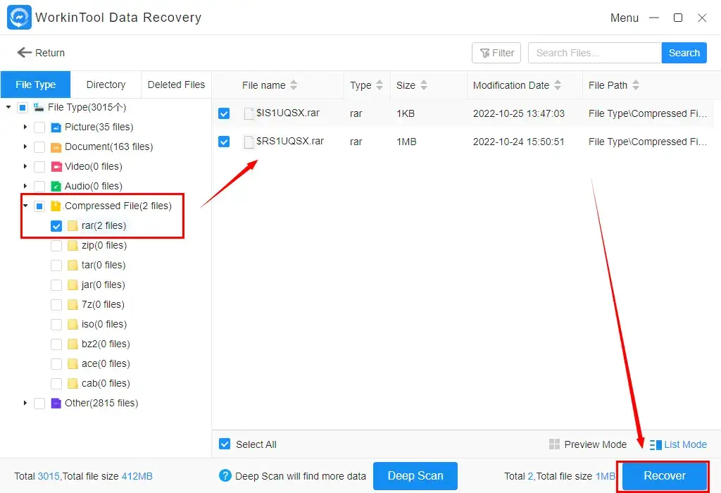 recover deleted zip files in workintool data recovery