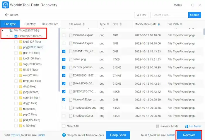 recover permanently deleted photos with workintool