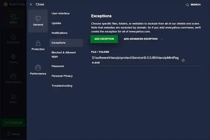 add exception in avast