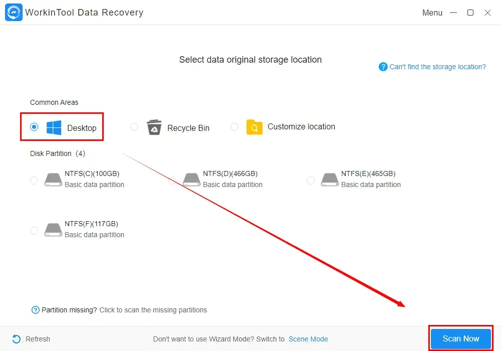 choose desktop and click scan now in workintool data recovery