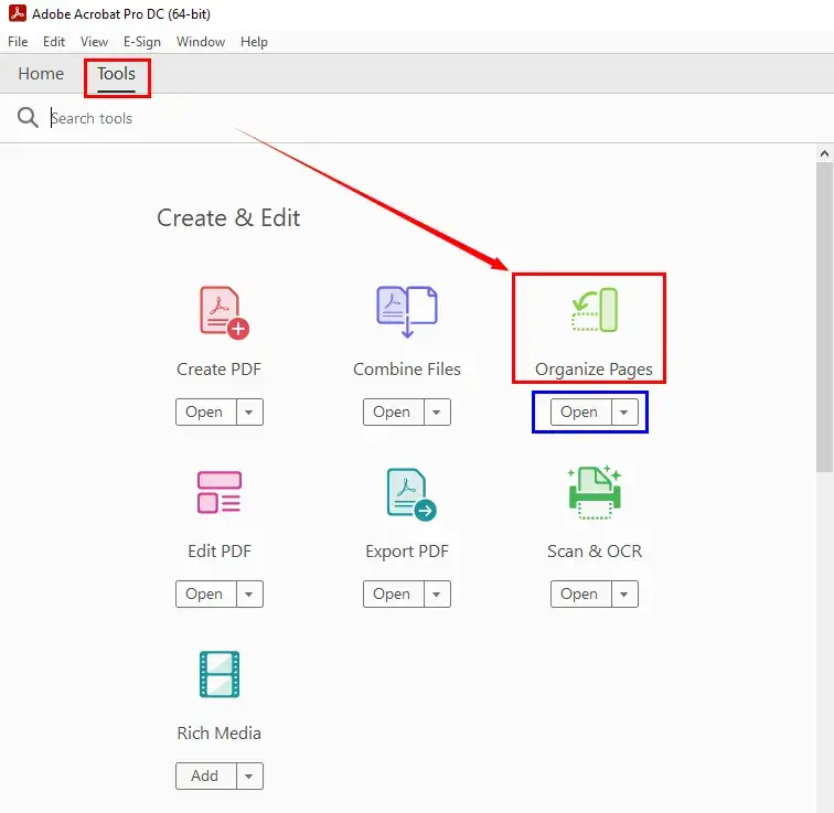 choose organize pages in adobe acrobat