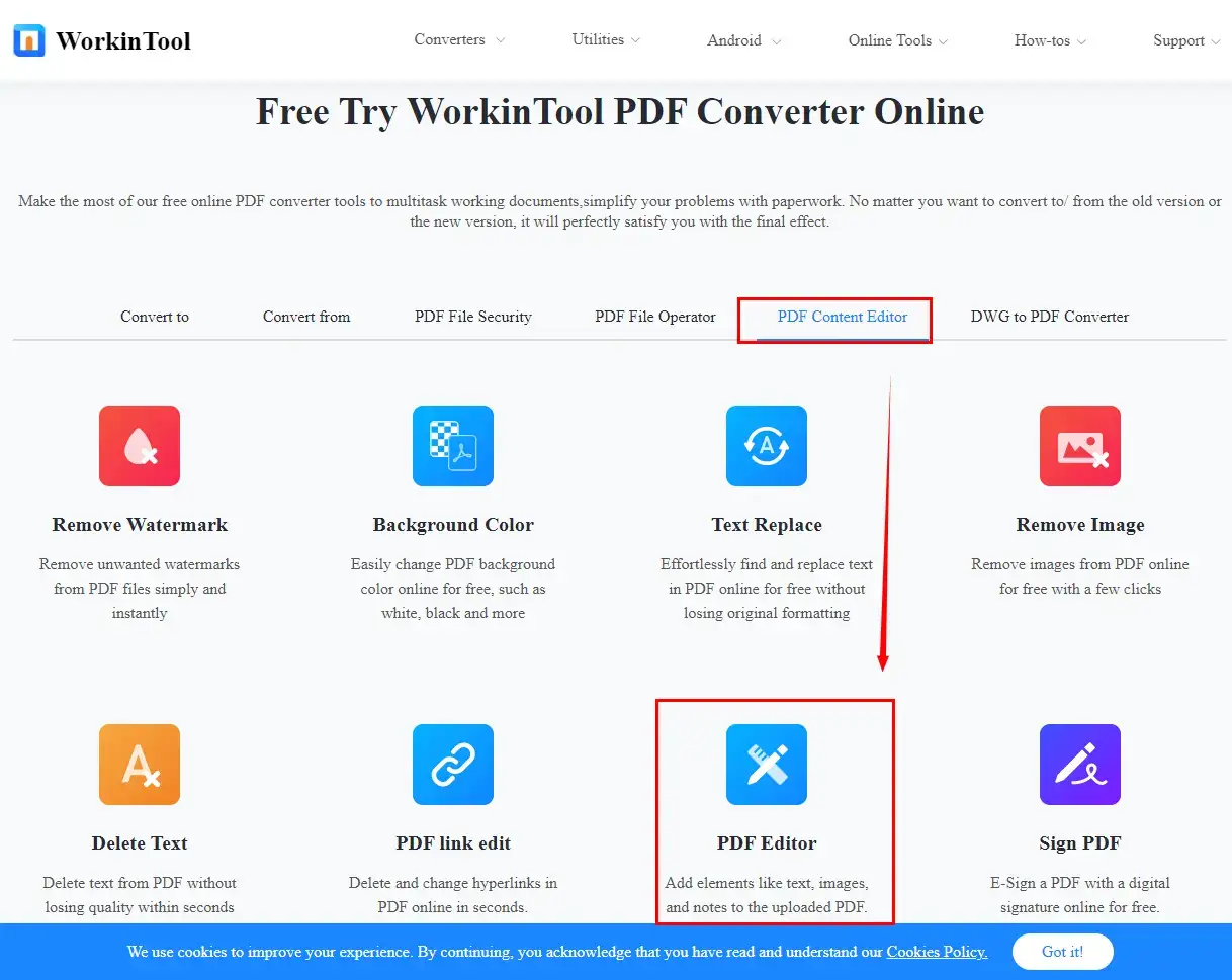 choose pdf editor in workintool pdf converter online