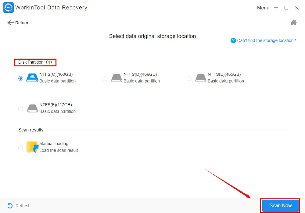 choose the location and click scan now in deep recovery of workintool data recovery