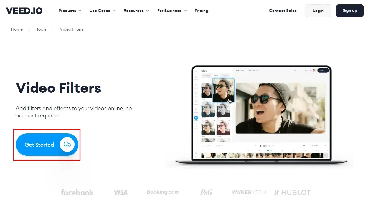 click get started in video filter of veed.io