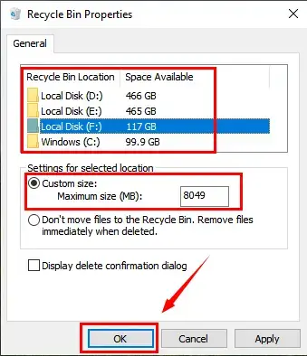 customize size of recycle bin