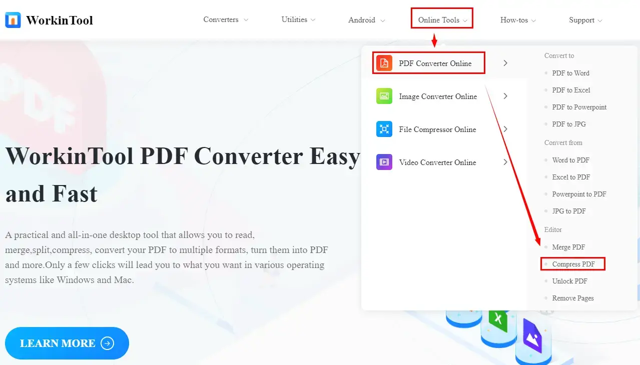find compress pdf in workintool pdf converter online