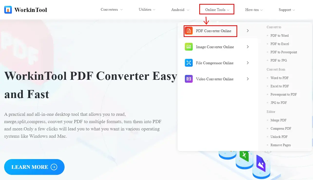 find pdf converter online in workintool official website