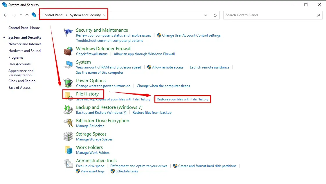 find restore your files with file history in system and security of control panel