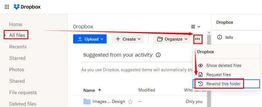 find rewind this folder in dropbox