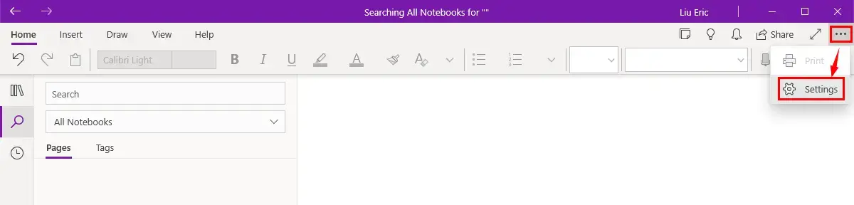 find settings in onenote