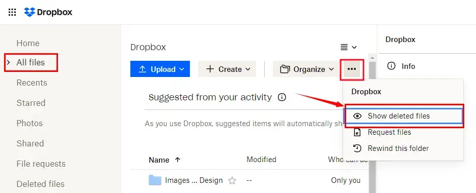 find show deleted files in dropbox
