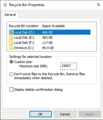 how to find file size limit in recycle bin