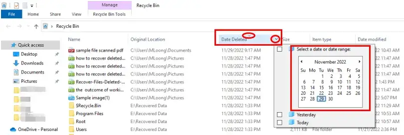 how to recover deleted files by date in recycle bin