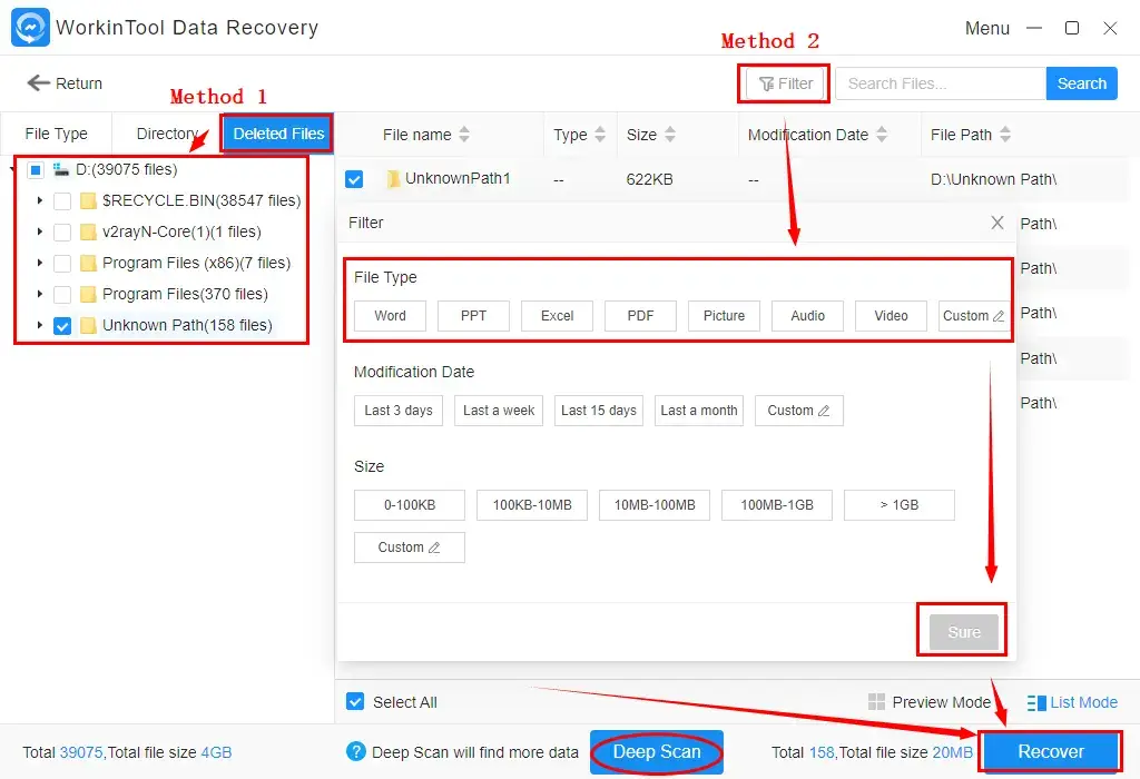 choose file type to recover in workintool data recovery