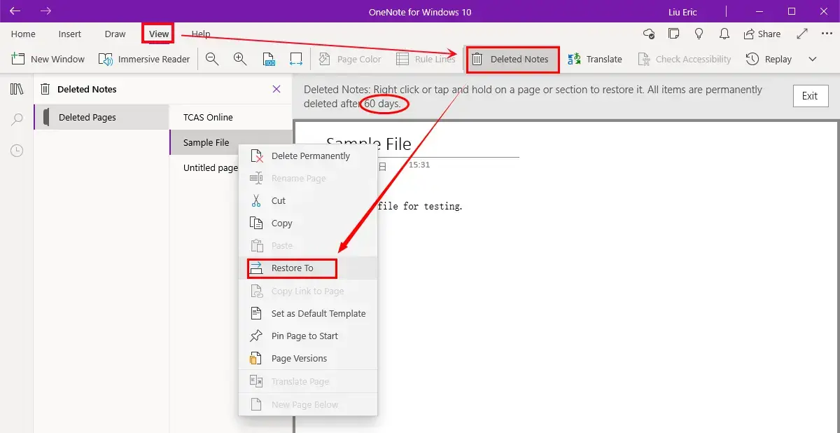 how to recover deleted files from onenote in deleted notes