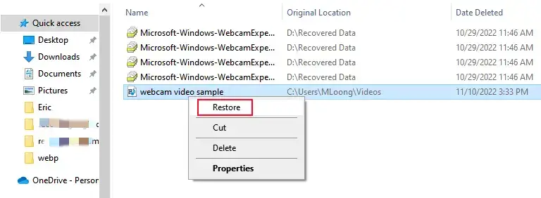 how to recover deleted wwebcam videos in recycle bin