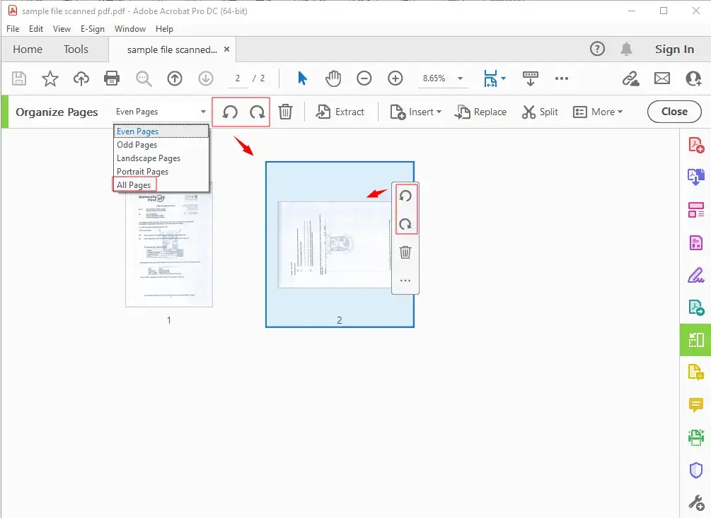 how to rotate a page in a scanned pdf by adobe acrobat 2