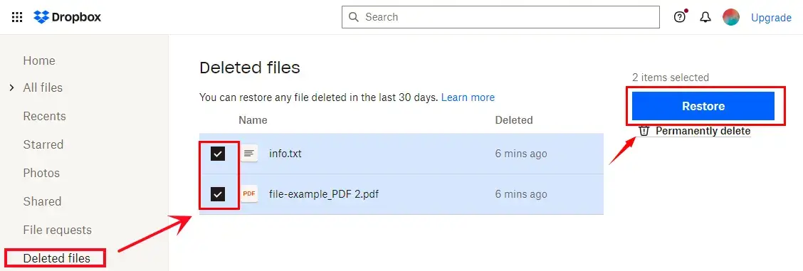 recover deleted files from dropbox in deleted files folder