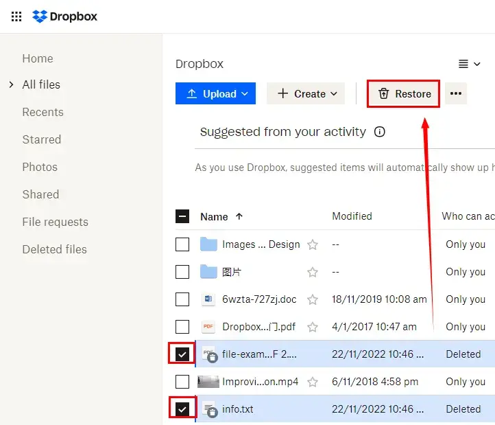 recover deleted files from dropbox through the feature show deleted files 2