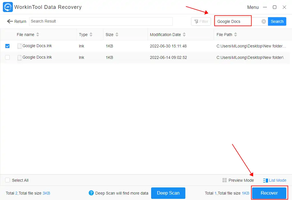 recover deleted google docs with workintool