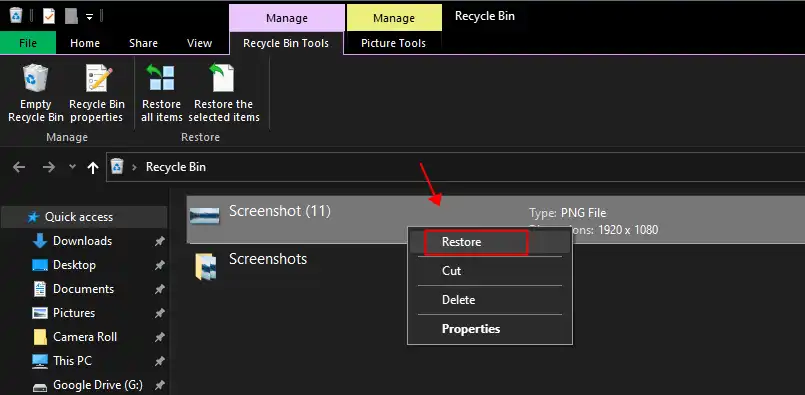 recover deleted screenshots from recycle bin