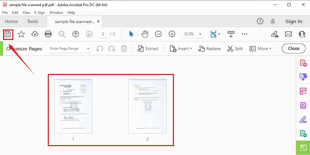 save your page rotated scanned pdf in adobe acrobat