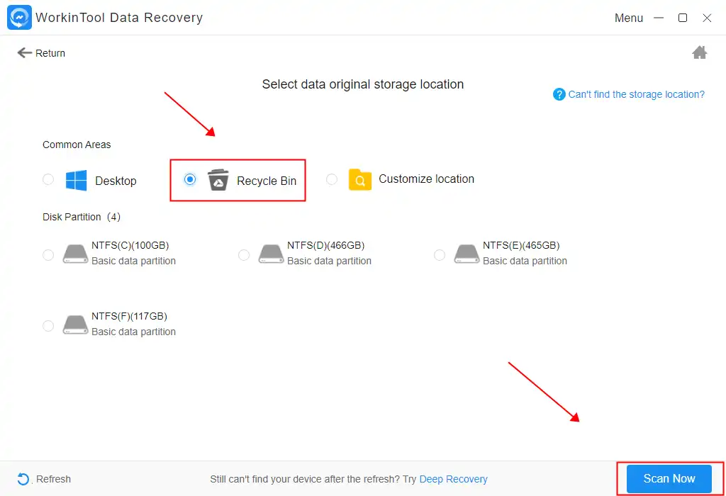 scan recycle bin to recover