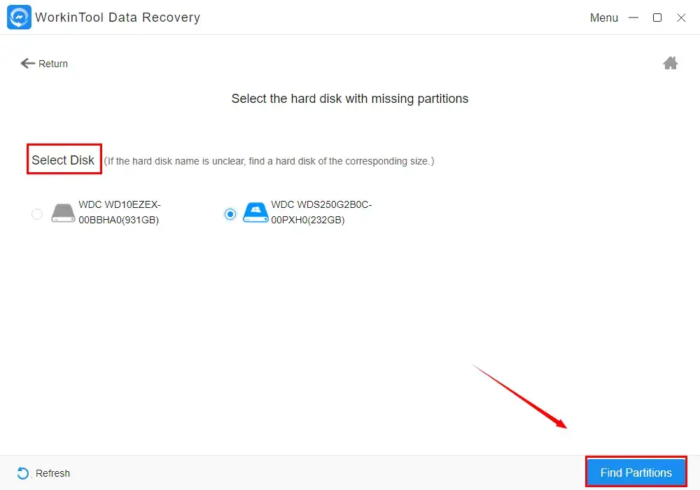 select disk and click find partition in workintool data recovery