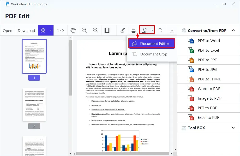 select document editor in workintool pdf converter