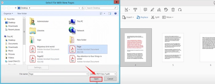 select new pdf page in adobe