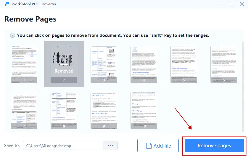 select pdf page and remove